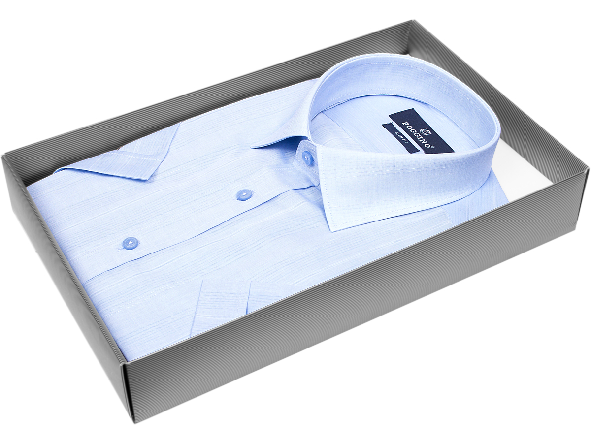 Голубая приталенная мужская рубашка 7001-25 в полоску с коротким рукавом купить в Москве недорого