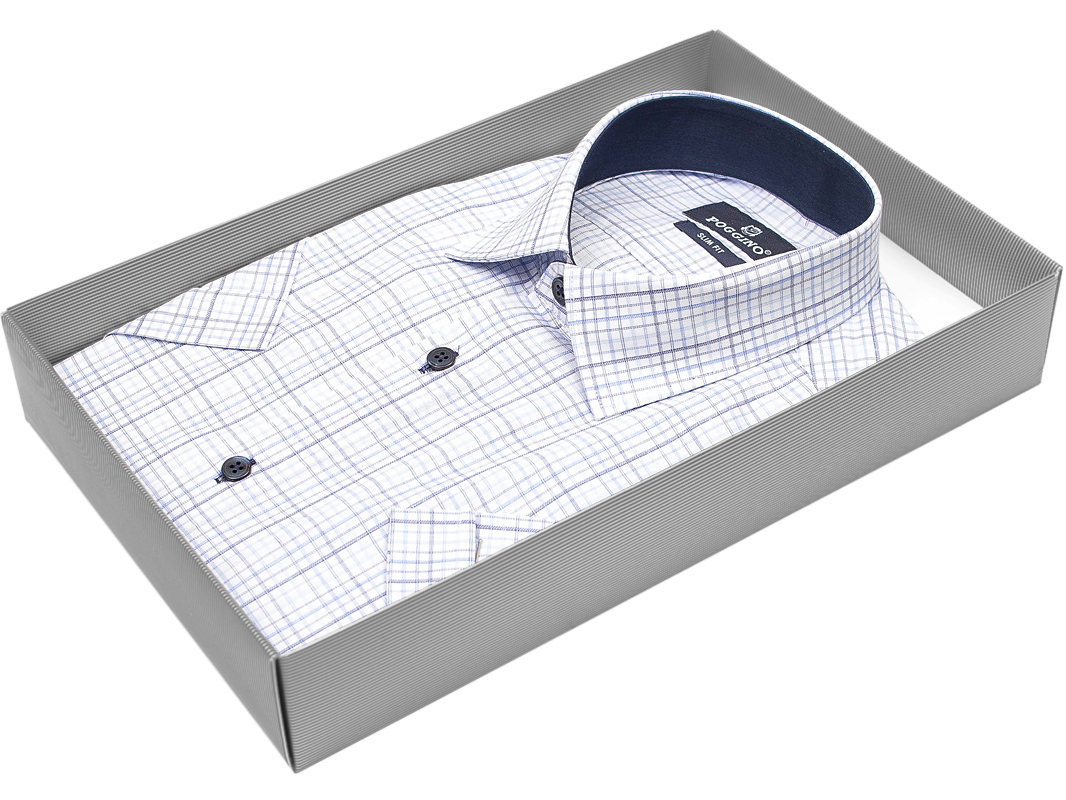 Белая приталенная мужская рубашка Poggino 7001-22 в клетку с коротким рукавом купить в Москве недорого