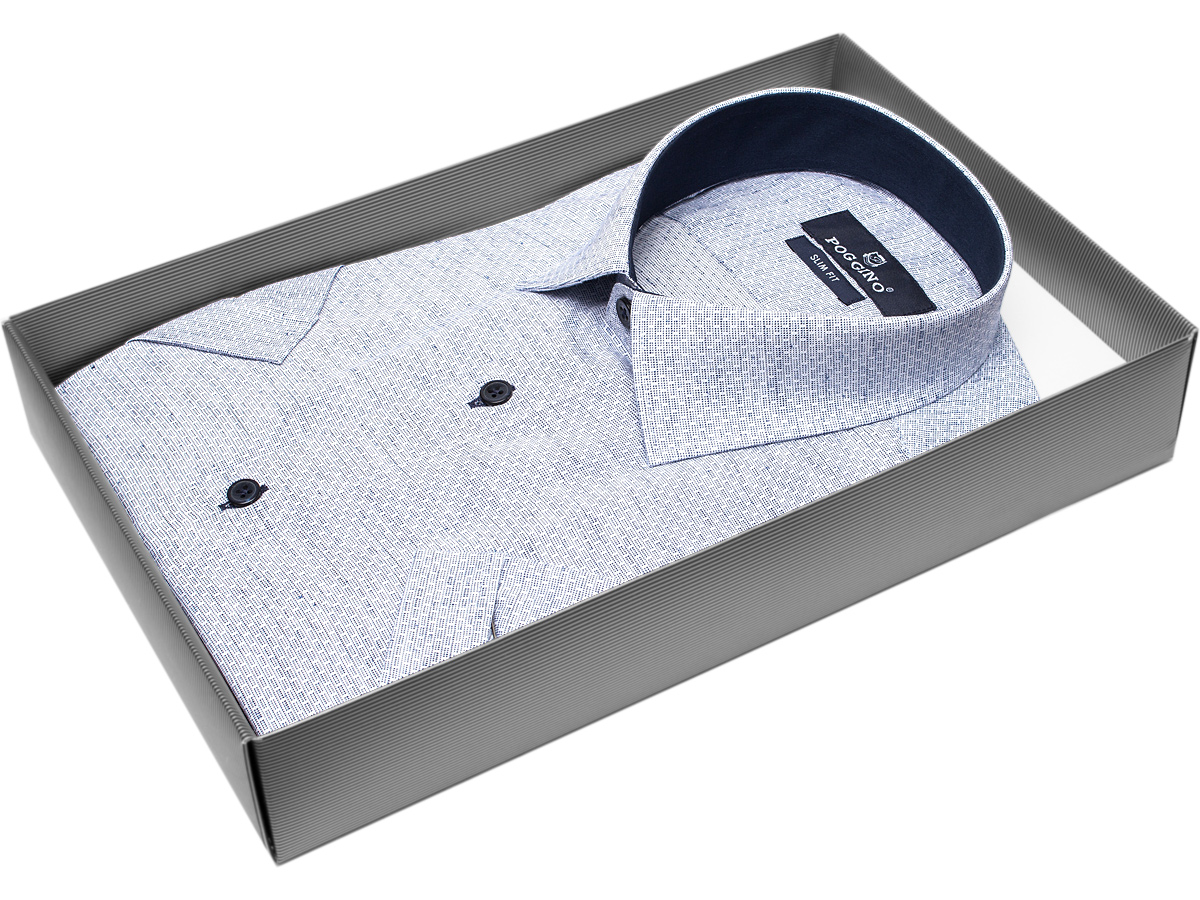 Серая приталенная мужская рубашка Poggino 7001-35 меланж с коротким рукавом купить в Москве недорого