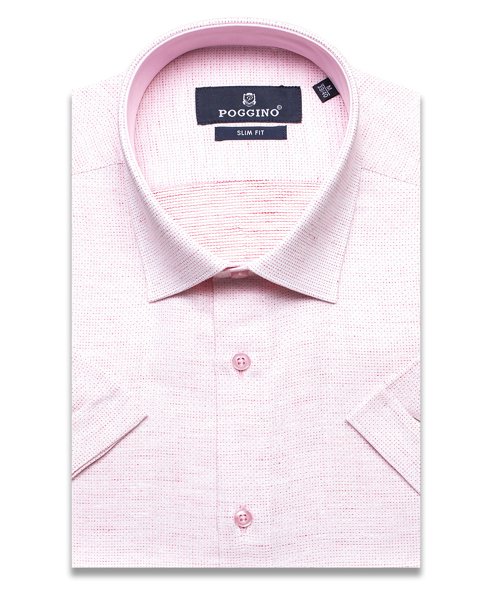Бледно-розовая приталенная мужская рубашка Poggino 7001-28 меланж с коротким рукавом