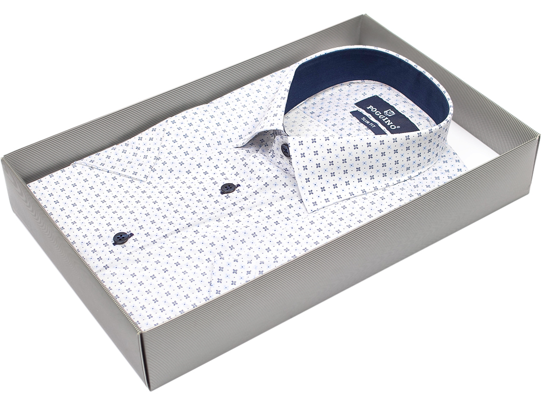 Стильная мужская рубашка Poggino 7001-10 рукав короткий силуэт приталенная стиль casual цвет белый в цветах 100% хлопок