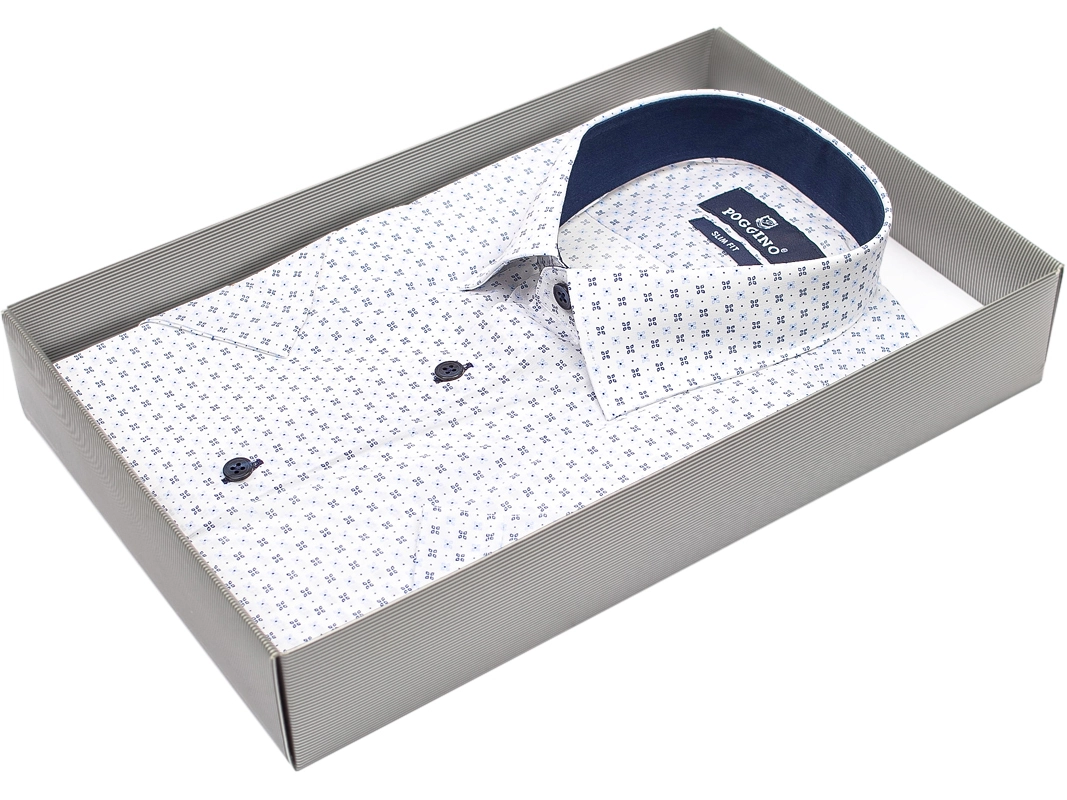 Стильная белая мужская рубашка Poggino 7001-10 рукав короткий силуэт приталенная стиль casual цвет белый в цветах 100% хлопок