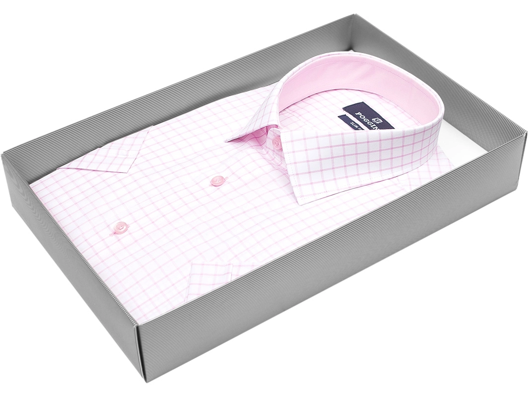 Розовая приталенная мужская рубашка Poggino 7001-06 в клетку с коротким рукавом