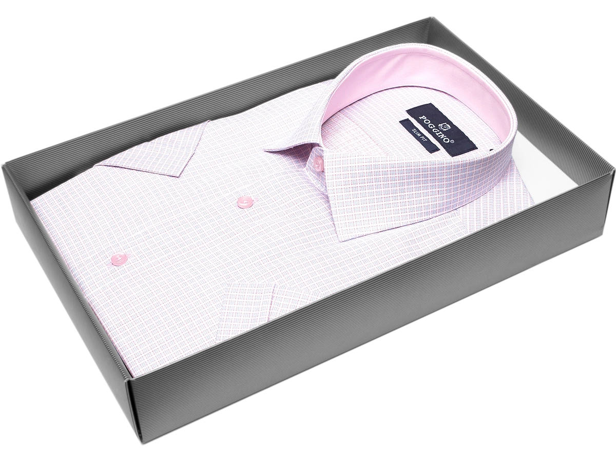 Бледно-розовая приталенная мужская рубашка Poggino 7001-48 в клетку с коротким рукавом купить в Москве недорого