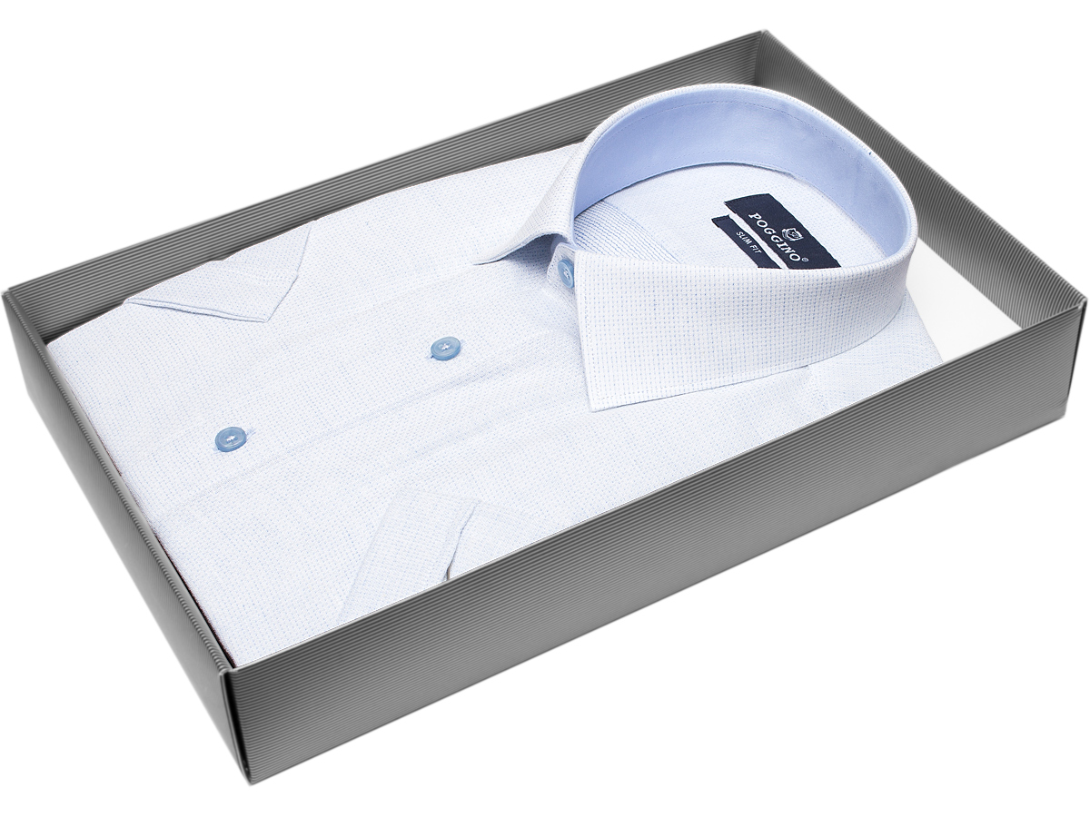 Бледно-голубая приталенная мужская рубашка Poggino 7001-27 с коротким рукавом купить в Москве недорого