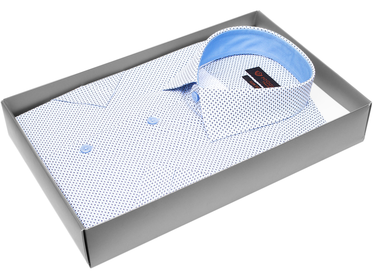 Голубая приталенная мужская рубашка Poggino 7001-49 в ромбах с коротким рукавом купить в Москве недорого