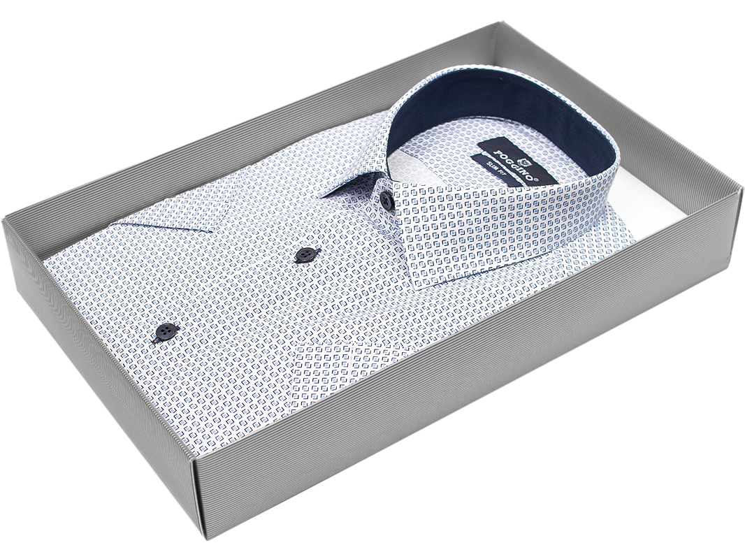Голубая приталенная мужская рубашка Poggino 7001-20 в ромбах с коротким рукавом купить в Москве недорого