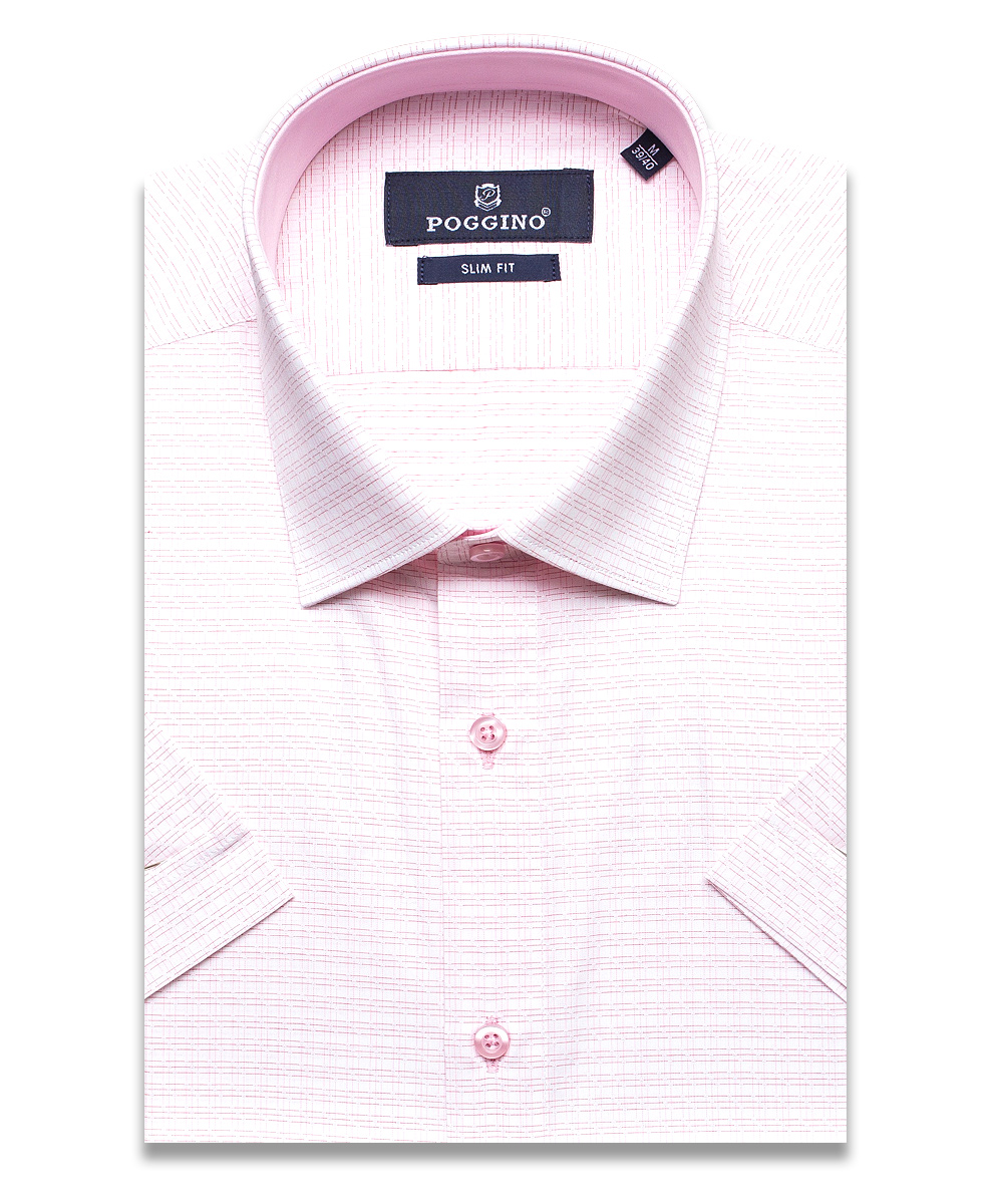 Розовая приталенная мужская рубашка Poggino 7001-45 в отрезках с коротким рукавом