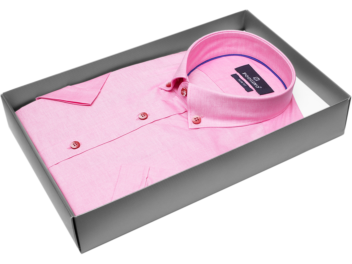 Стильная мужская рубашка Poggino 7001-15 рукав короткий силуэт приталенная стиль классический цвет розовый однотонный 100% хлопок