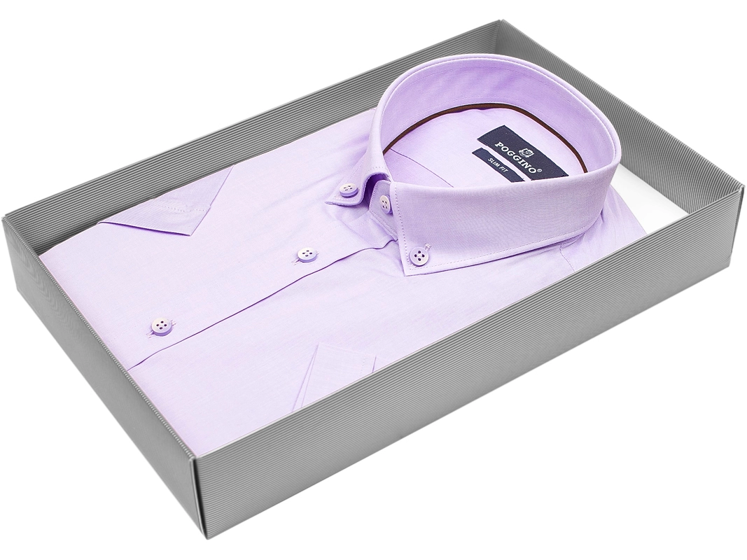 Сиреневая приталенная мужская рубашка Poggino 7001-31 с коротким рукавом купить в Москве недорого