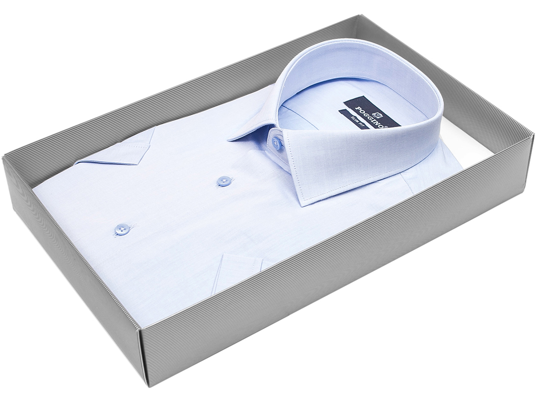 Голубая приталенная мужская рубашка Poggino 7001-05 с коротким рукавом купить в Москве недорого