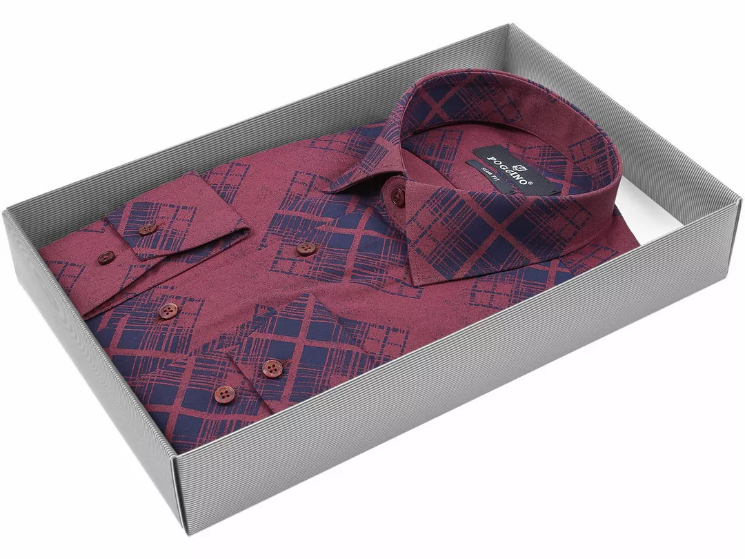 Бордовая приталенная мужская рубашка в абстракции Poggino 5008-47 с длинными рукавами купить в Москве недорого