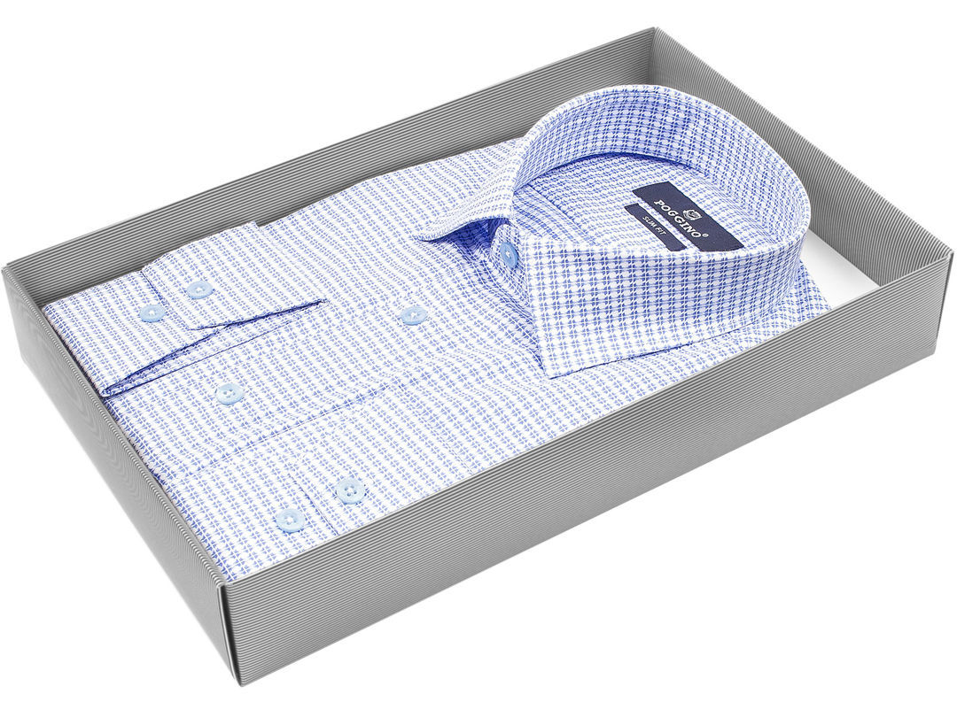 Голубая приталенная мужская рубашка Poggino 5007-02 в узорах с длинными рукавами купить в Москве недорого