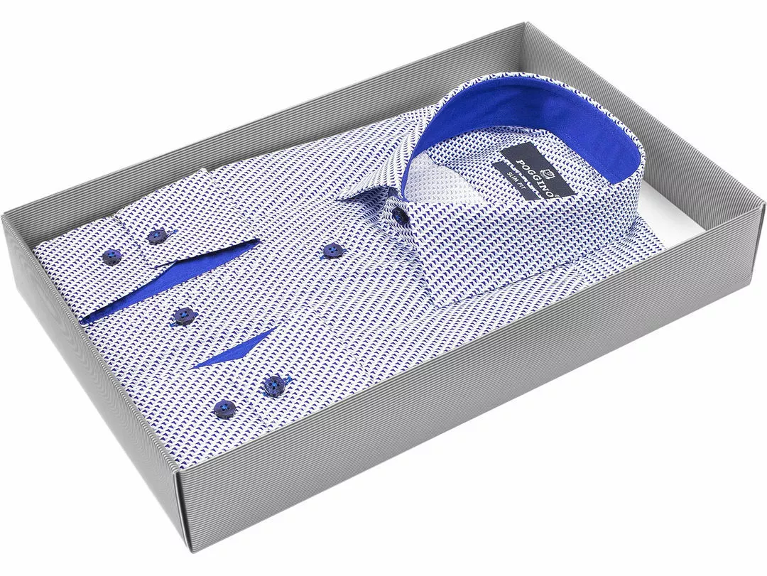 Синяя приталенная мужская рубашка Poggino 5008-14 в узорах с длинными рукавами купить в Москве недорого