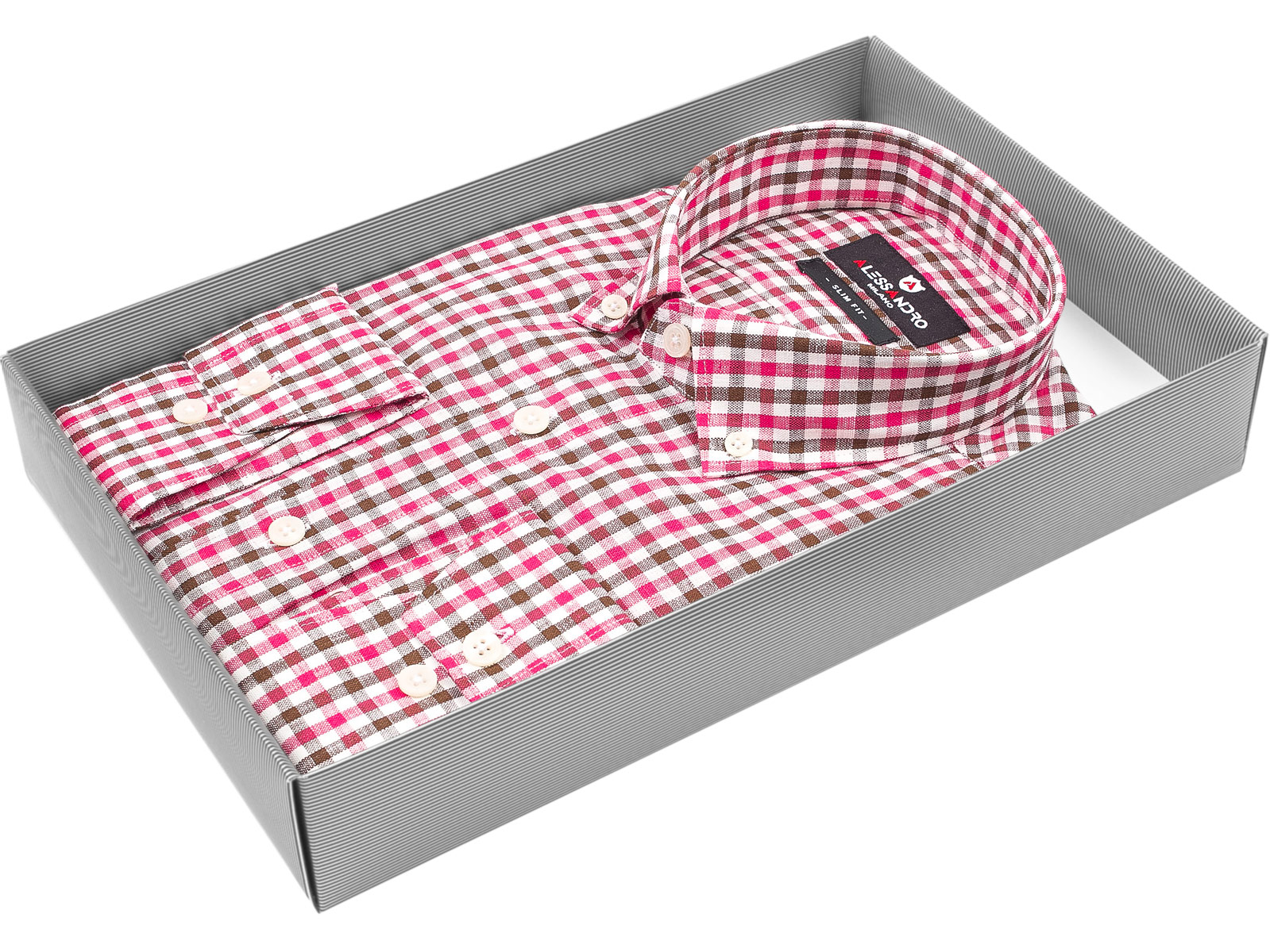 Розовая приталенная мужская рубашка Alessandro Milano 3001-58 в клетку с длинными рукавами и воротником баттен-даун купить в Москве недорого