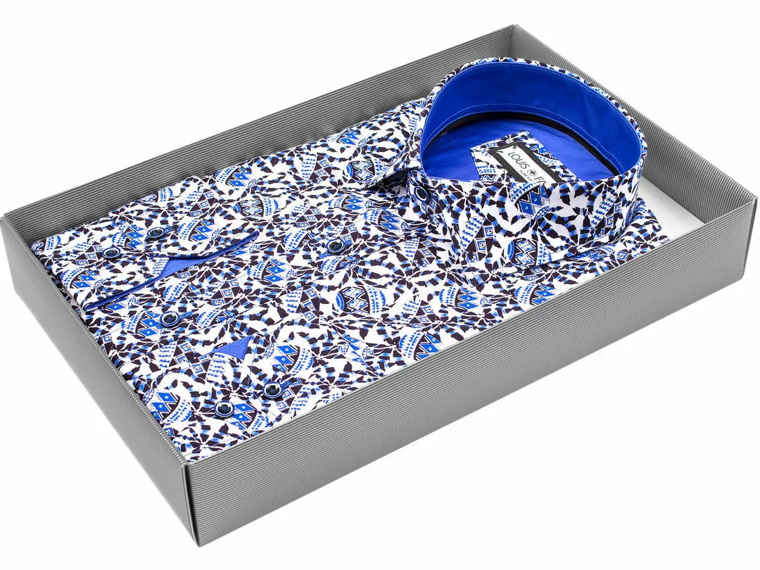 Синяя приталенная мужская рубашка Louis Fabel 6383-00 в абстракции с длинными рукавами купить в Москве недорого