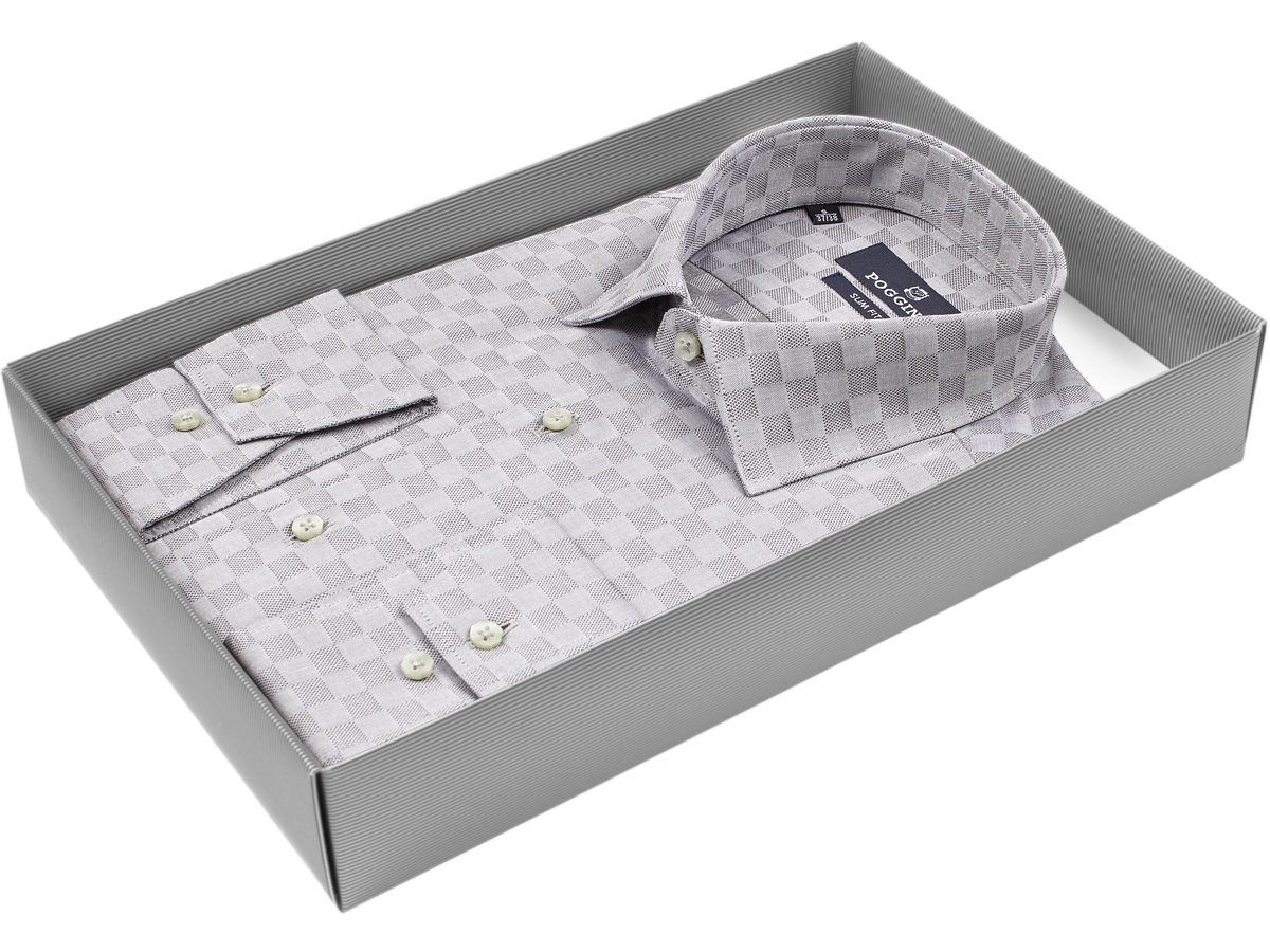 Серая приталенная мужская рубашка Poggino 5002-66 в клетку купить в Москве недорого