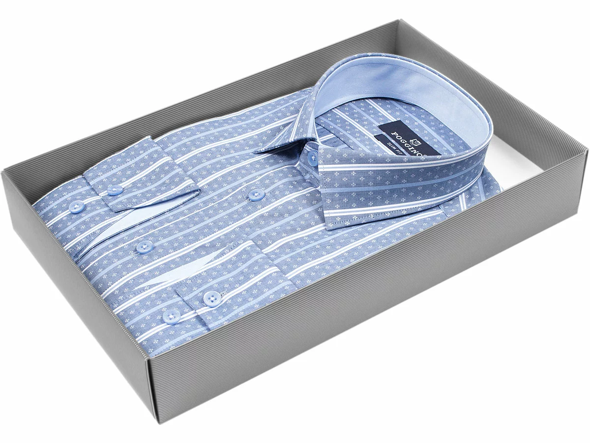 Серо-голубая приталенная мужская рубашка Poggino 5008-27 в полоску купить в Москве недорого