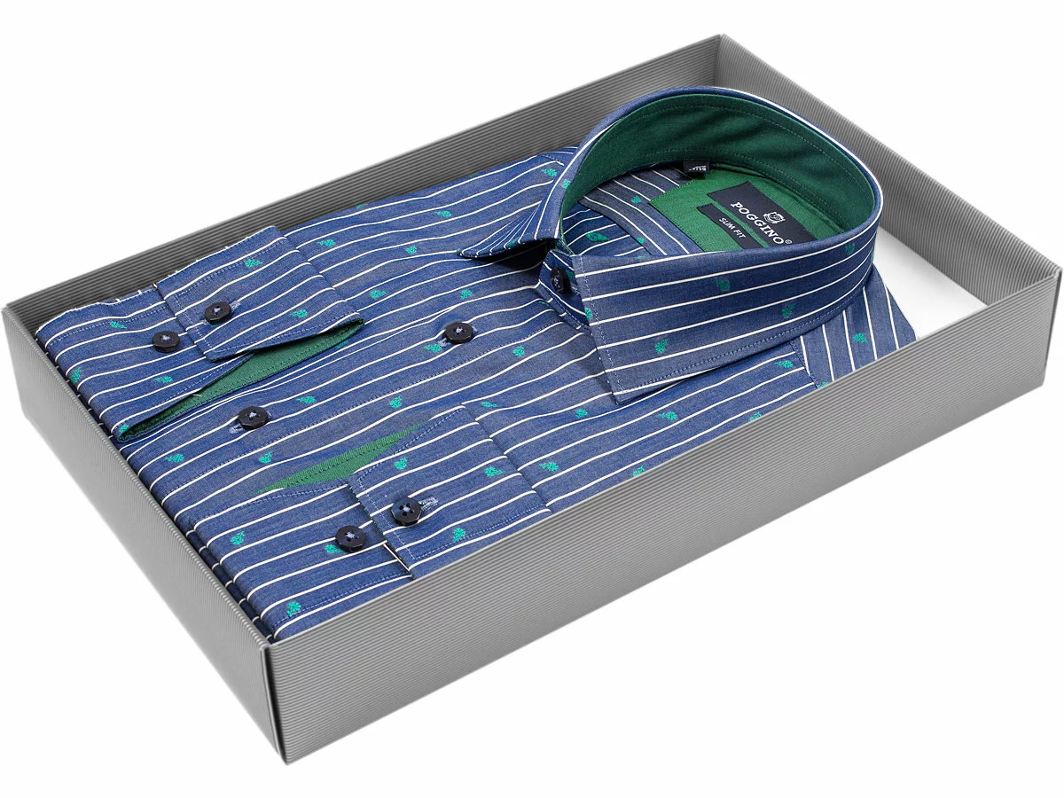 Синяя приталенная мужская рубашка Poggino 5002-39 в полоску купить в Москве недорого