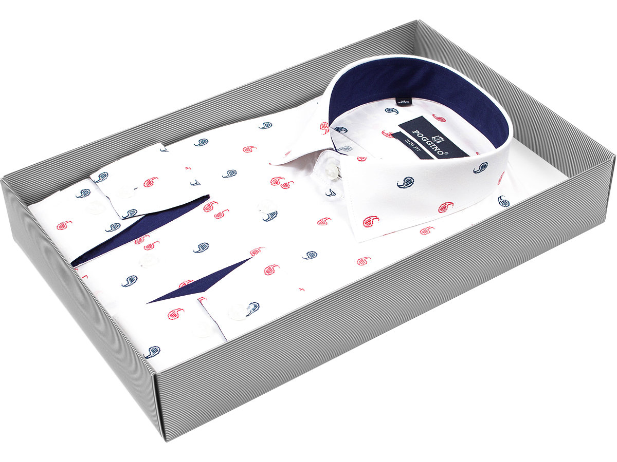 Белая приталенная мужская рубашка Poggino 5002-121 в огурцах купить в Москве недорого
