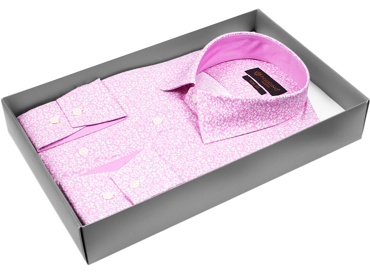 Розовая приталенная мужская рубашка Poggino 7000-40 в цветочек с длинными рукавами купить в Москве недорого