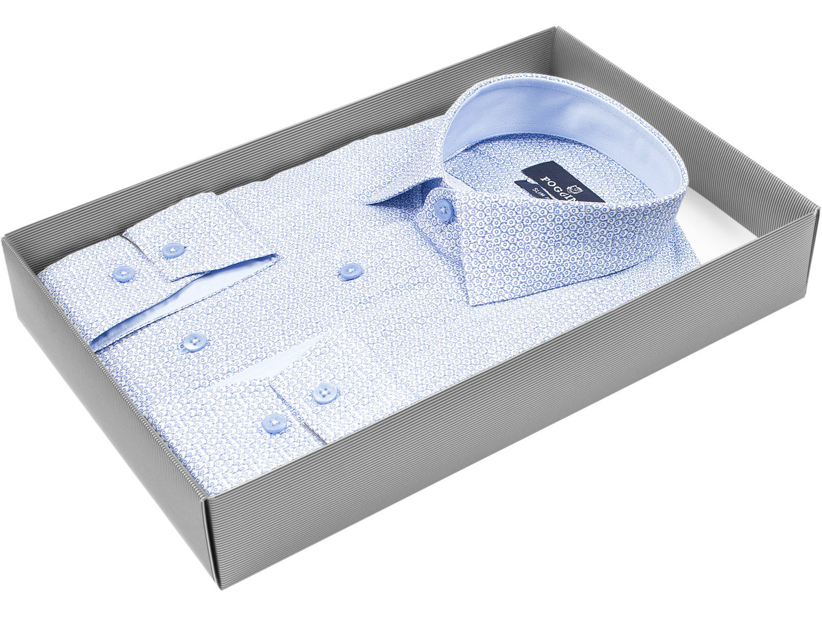 Голубая приталенная мужская рубашка Poggino 5008-21 в узорах с длинными рукавами купить в Москве недорого