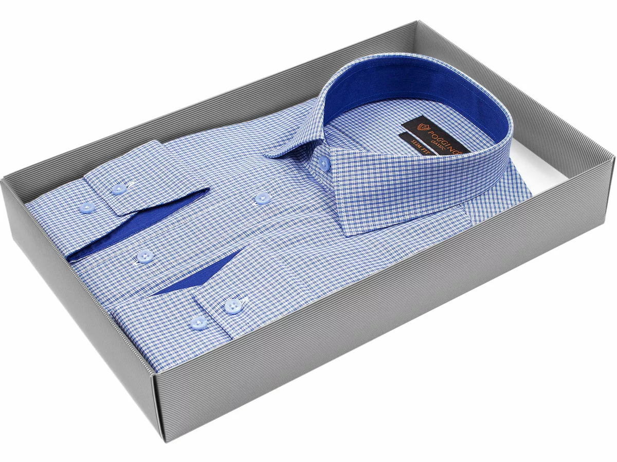 Синяя приталенная мужская рубашка Poggino 7000-62 в клетку с длинными рукавами купить в Москве недорого