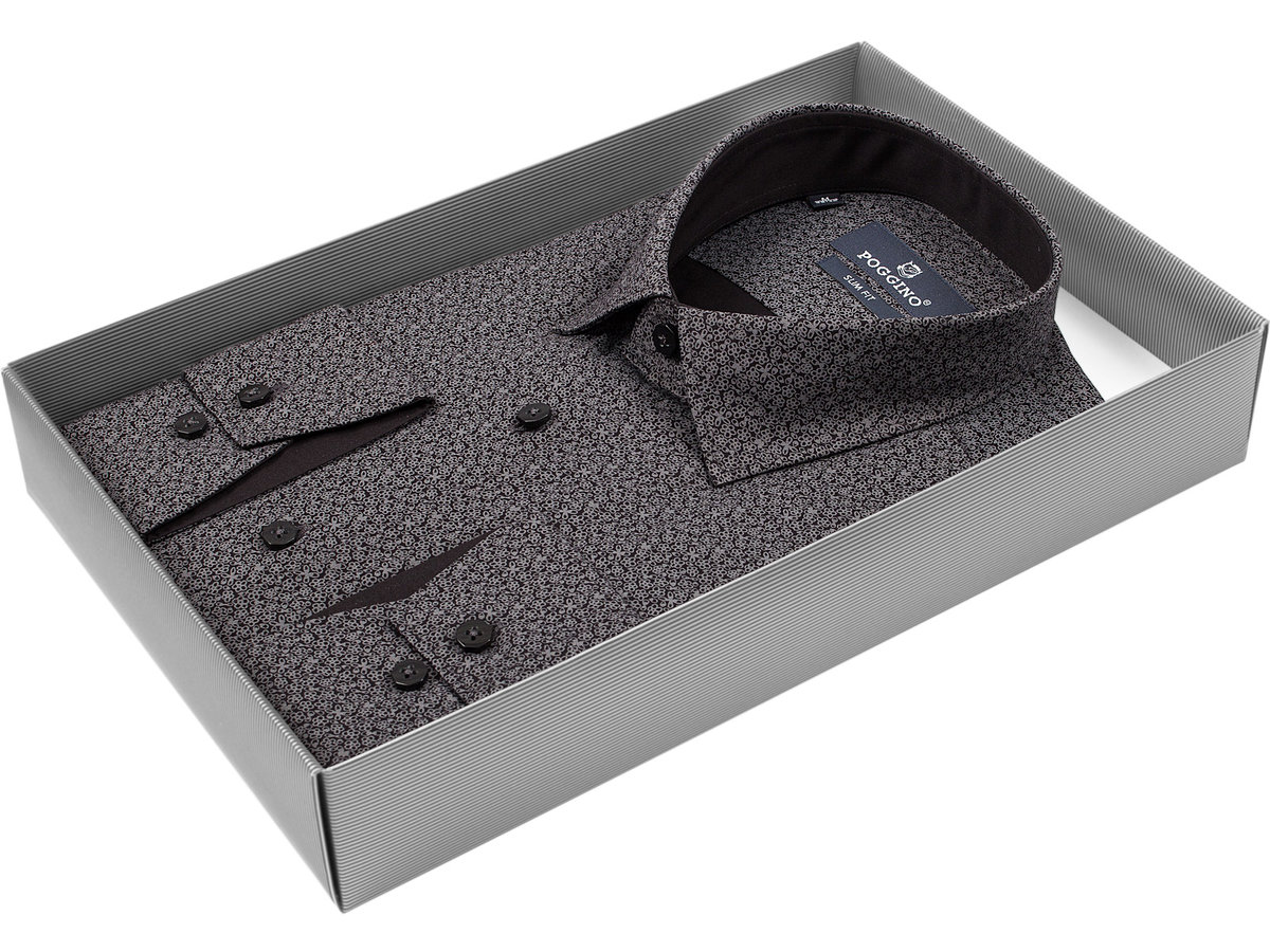 Черная приталенная мужская рубашка Poggino 5002-901 в цветочек с длинными рукавами купить в Москве недорого