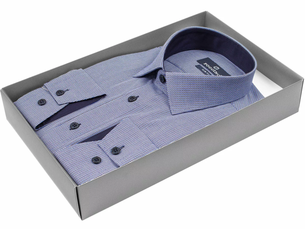 Синяя приталенная мужская рубашка Poggino 5008-08 в полоску с длинными рукавами купить в Москве недорого