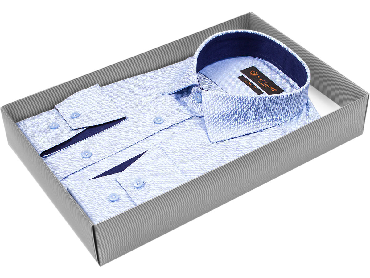 Голубая приталенная мужская рубашка Poggino 7000-48 в ромбах с длинными рукавами купить в Москве недорого