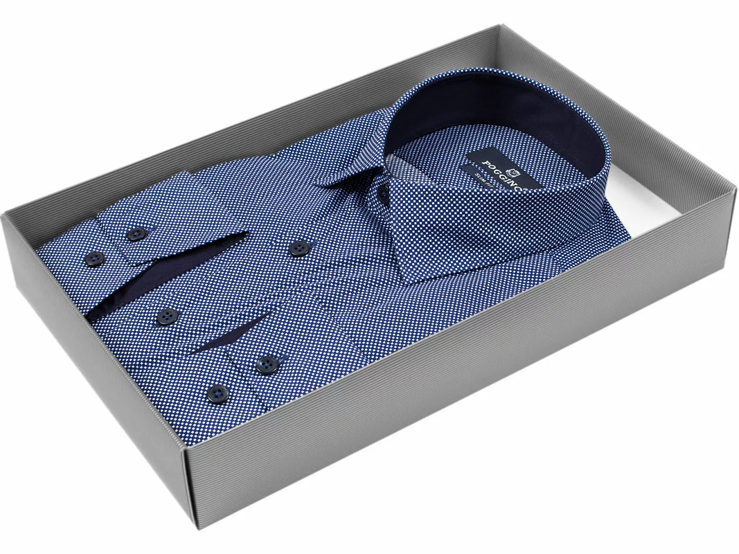 Темно-синяя приталенная мужская рубашка Poggino 5008-28 в ромбах с длинными рукавами купить в Москве недорого