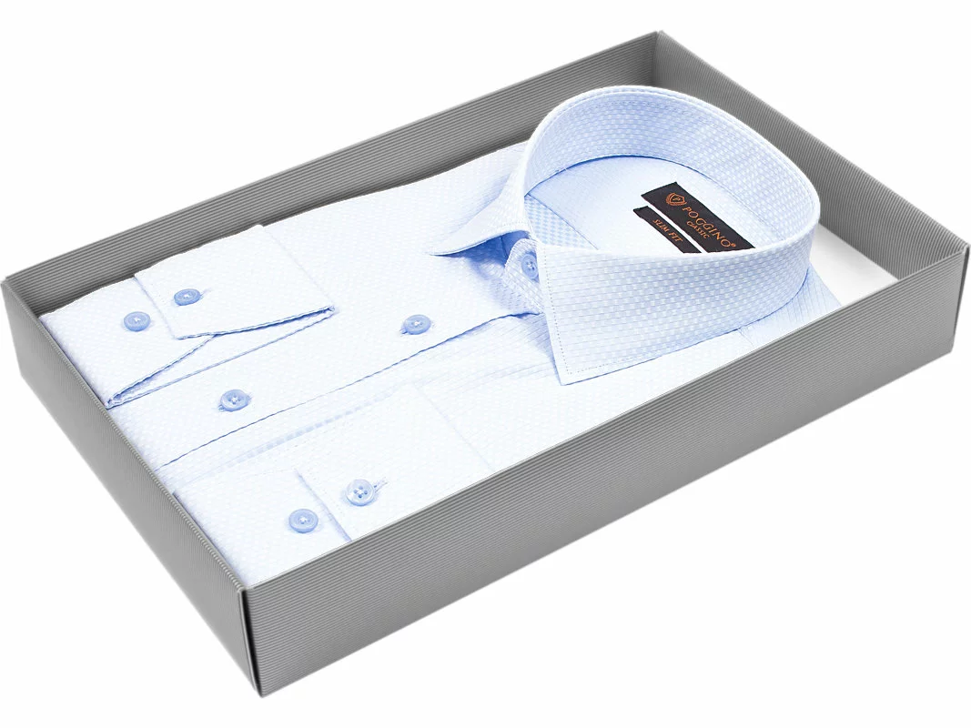 Голубая приталенная мужская рубашка Poggino 7000-66 с длинными рукавами купить в Москве недорого