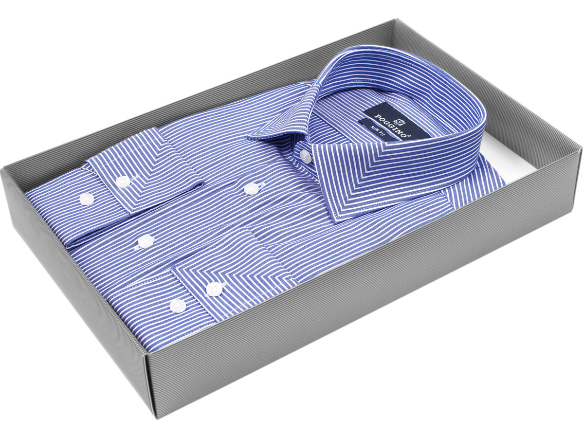 Синяя приталенная мужская рубашка Poggino 5008-77 в полоску с длинными рукавами купить в Москве недорого