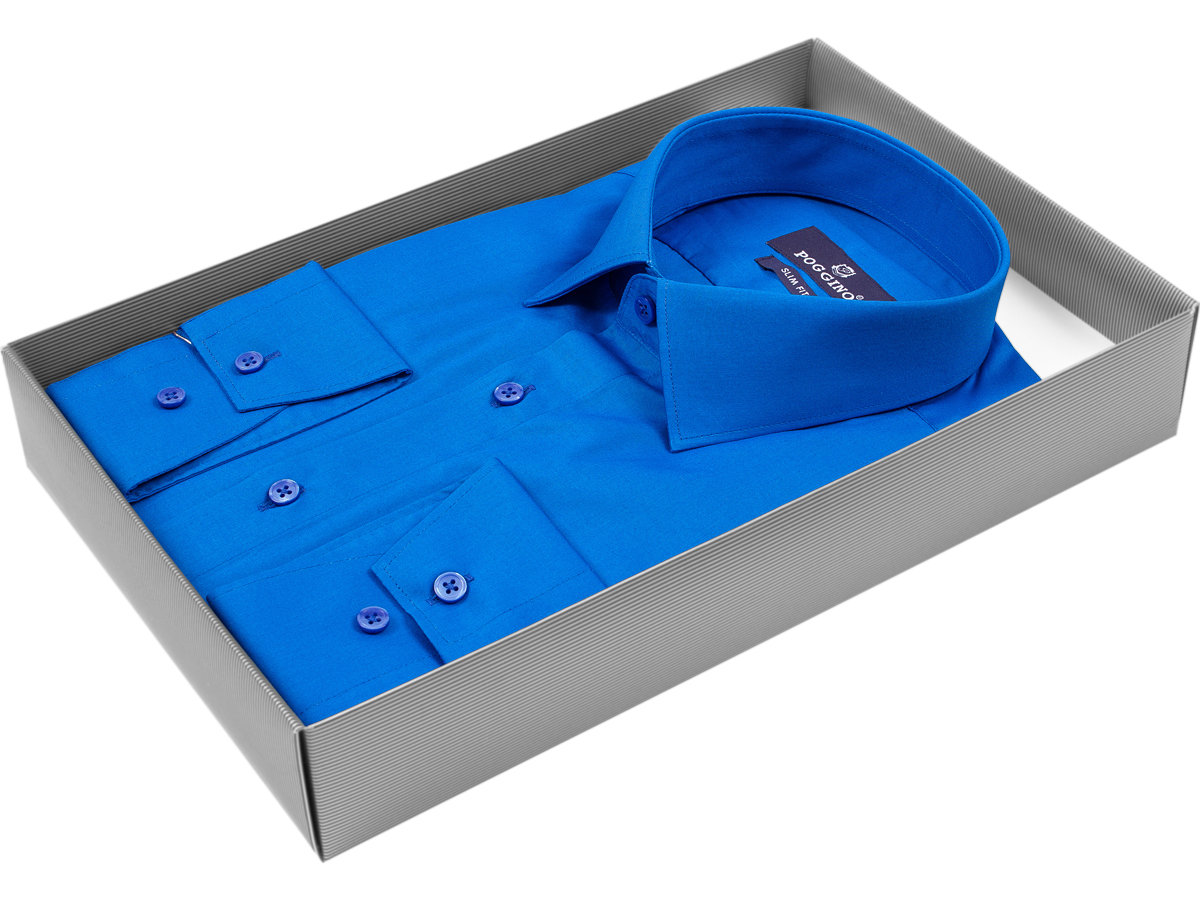 Мужская рубашка силуэт приталенный цвет синий однотонный