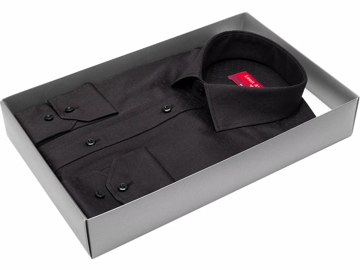 Черная приталенная мужская рубашка Louis Amava 8193-00 в горох с длинными рукавами купить в Москве недорого