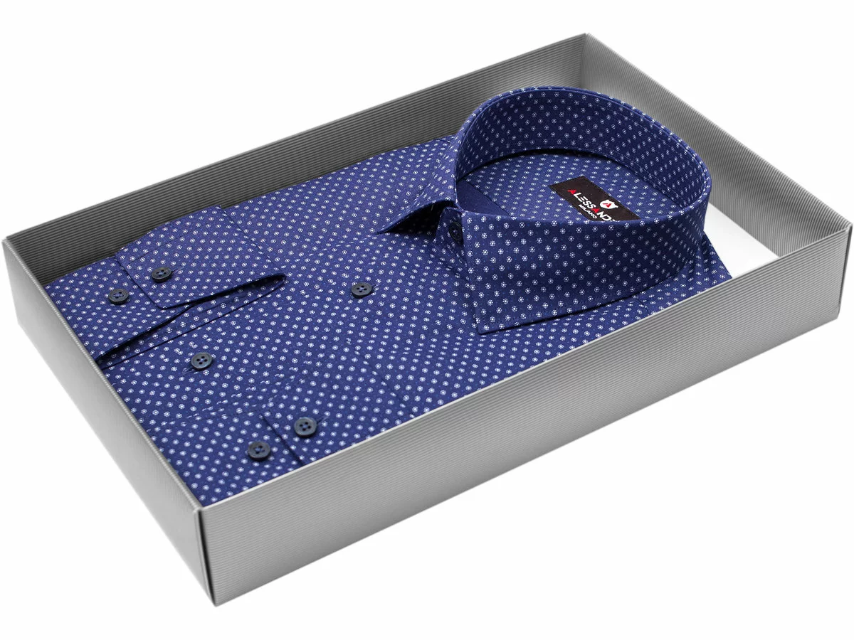 Синяя приталенная мужская рубашка Alessandro Milano 6001-01 в ромашках с длинными рукавами купить в Москве недорого