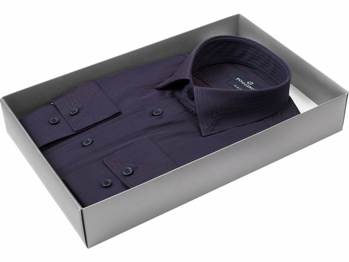 Темно-синяя приталенная мужская рубашка Poggino 5009-75 в полоску с длинными рукавами купить в Москве недорого