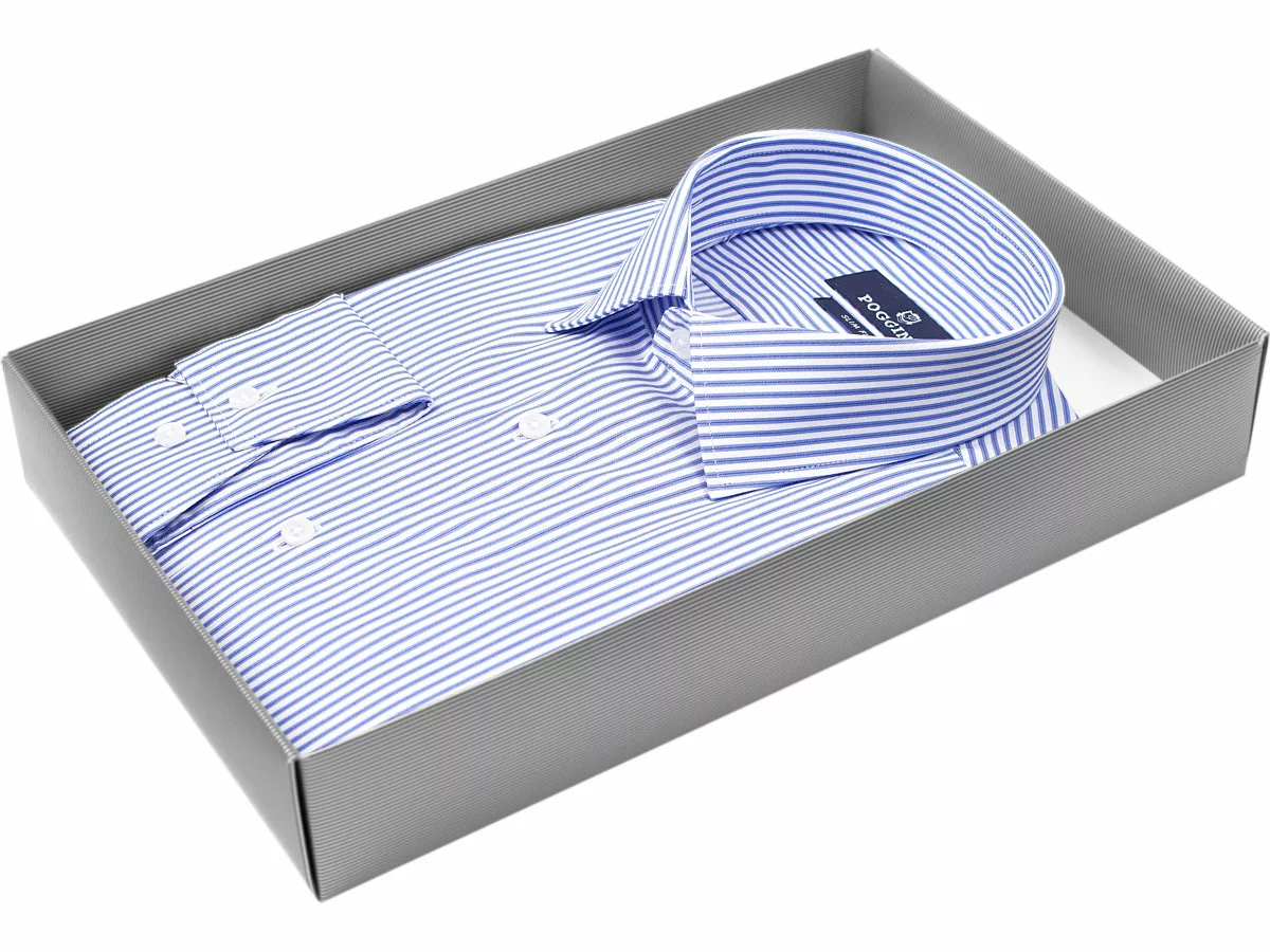 Синяя приталенная мужская рубашка Poggino 5009-100 в полоску с длинным рукавом купить в Москве недорого