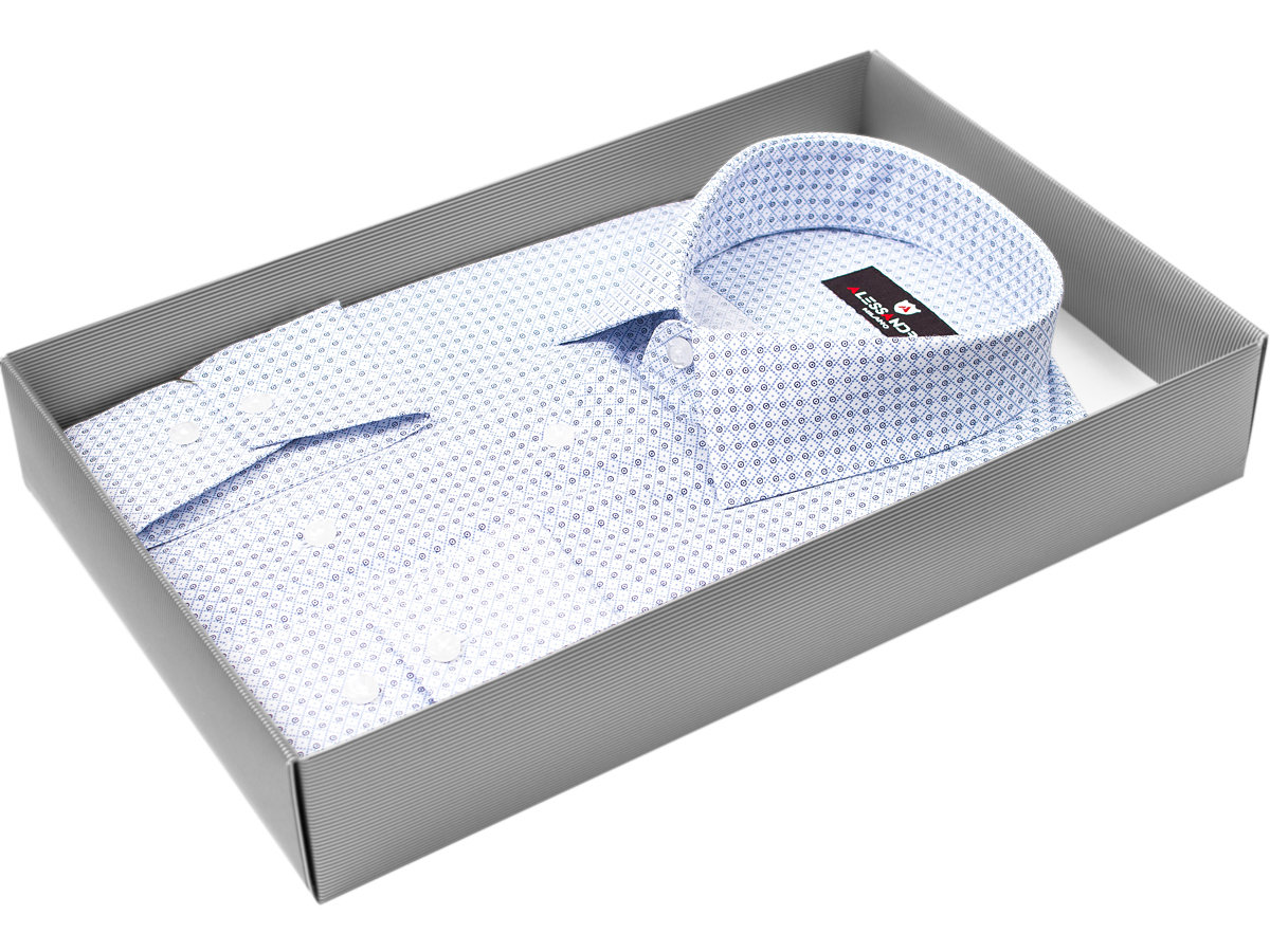 Голубая приталенная мужская рубашка Alessandro Milano 6001-02 в горошек с длинными рукавами купить в Москве недорого