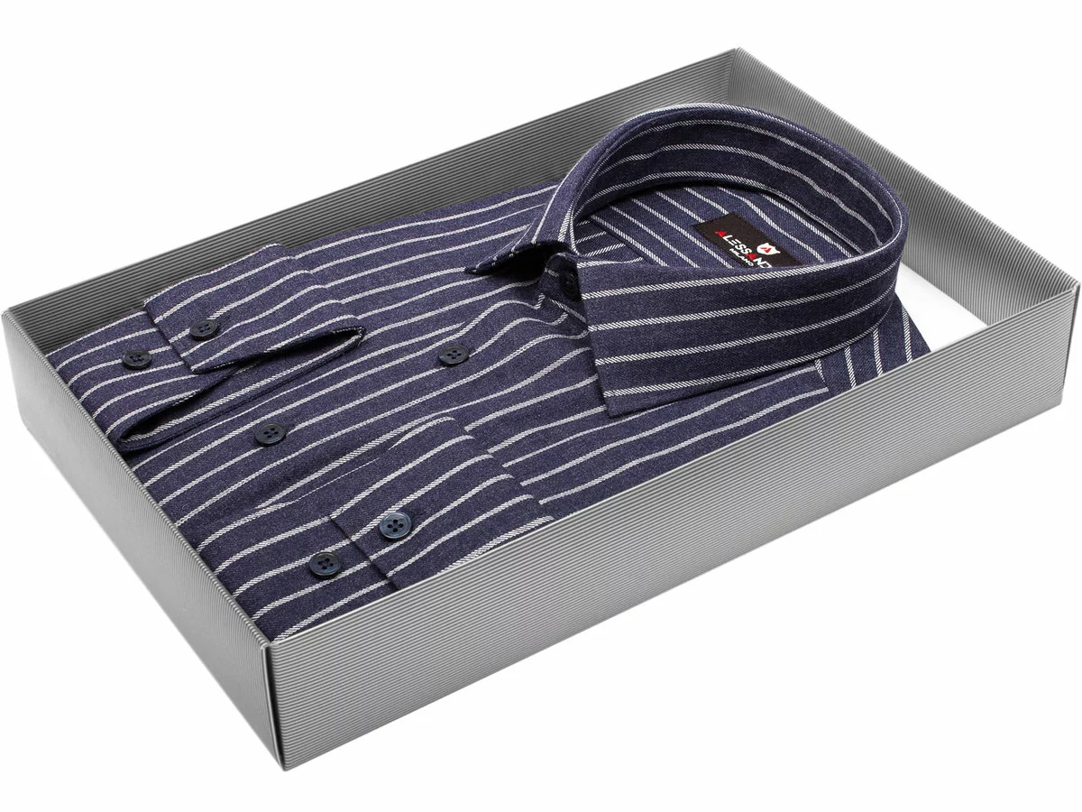 Теплая мужская рубашка Alessandro Milano 2020-185 рукав длинный силуэт приталенный стиль классический цвет темно синий в полоску 100% хлопок