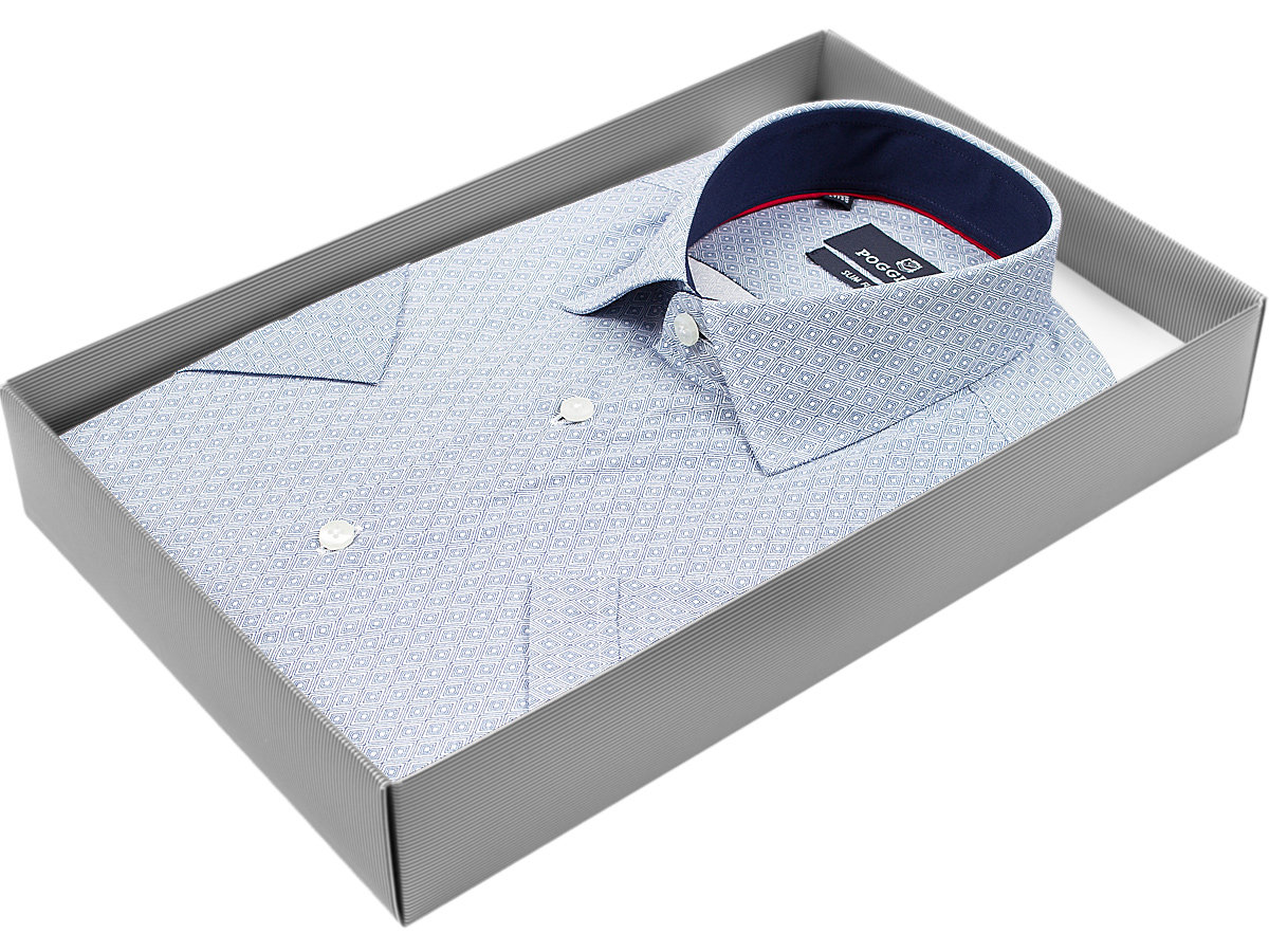 Серо-голубая приталенная мужская рубашка Poggino 6000-22 в ромбах с коротким рукавом купить в Москве недорого
