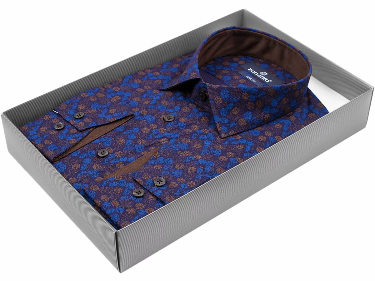 Темно-синяя приталенная мужская рубашка Poggino 5007-57 в цветочек с длинными рукавами купить в Москве недорого
