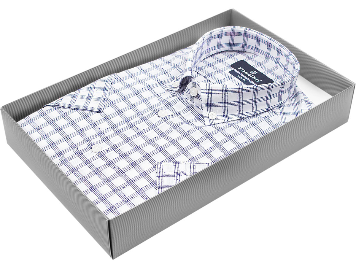 Белая приталенная мужская рубашка Poggino 7001-61 в клетку с коротким рукавом купить в Москве недорого
