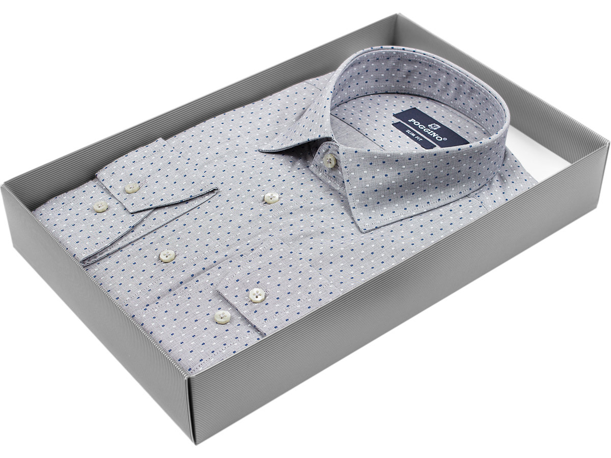 Серая приталенная мужская рубашка Poggino 5005-74 в горошек с длинными рукавами купить в Москве недорого
