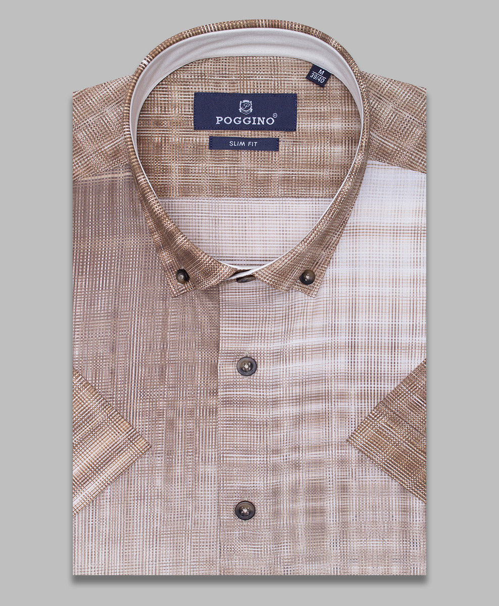 Коричневая приталенная мужская рубашка Poggino 4000-73 в абстракции с коротким рукавом