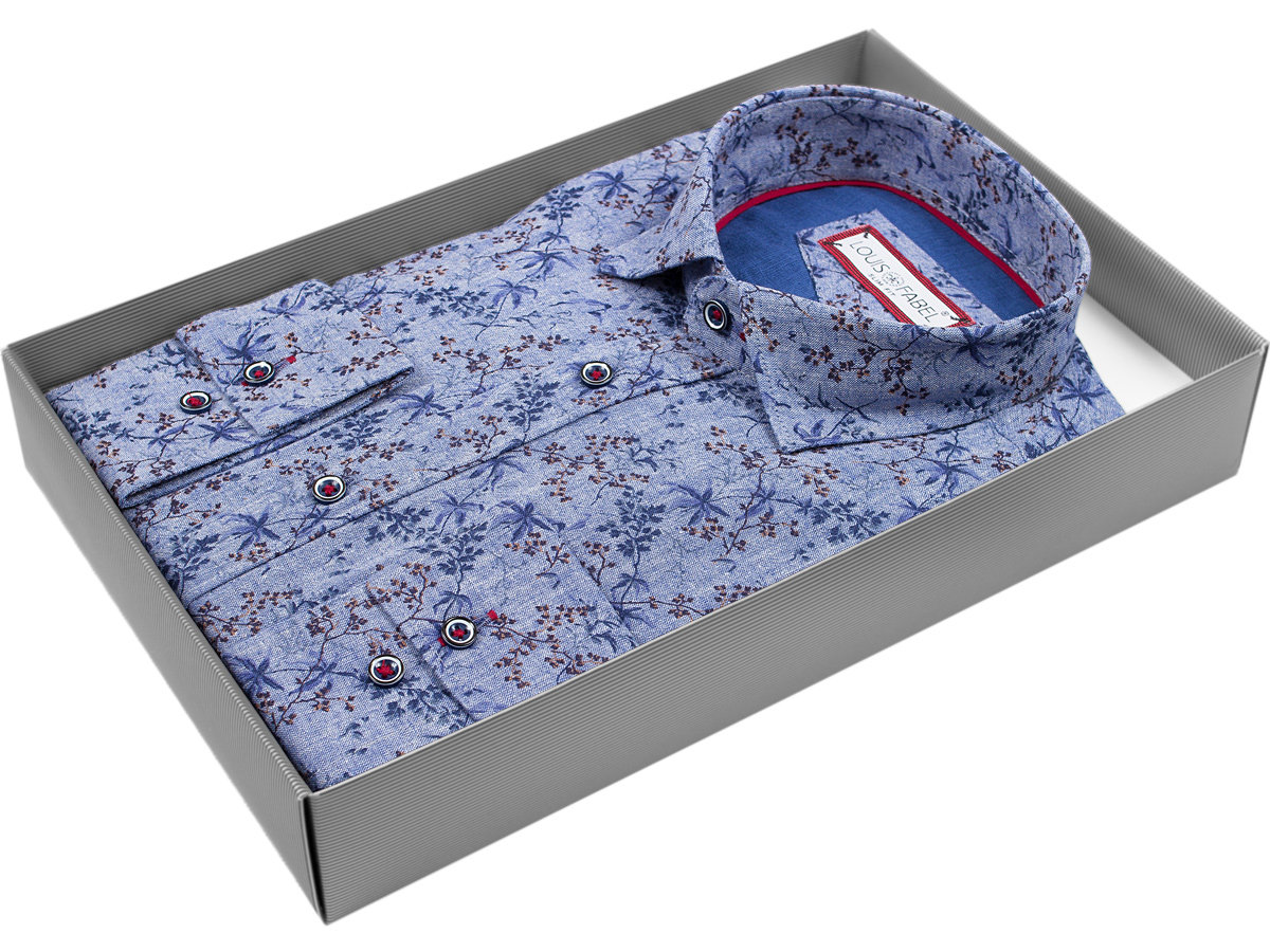 Синяя приталенная мужская рубашка Louis Fabel 6464-16 с длинными рукавами купить в Москве недорого