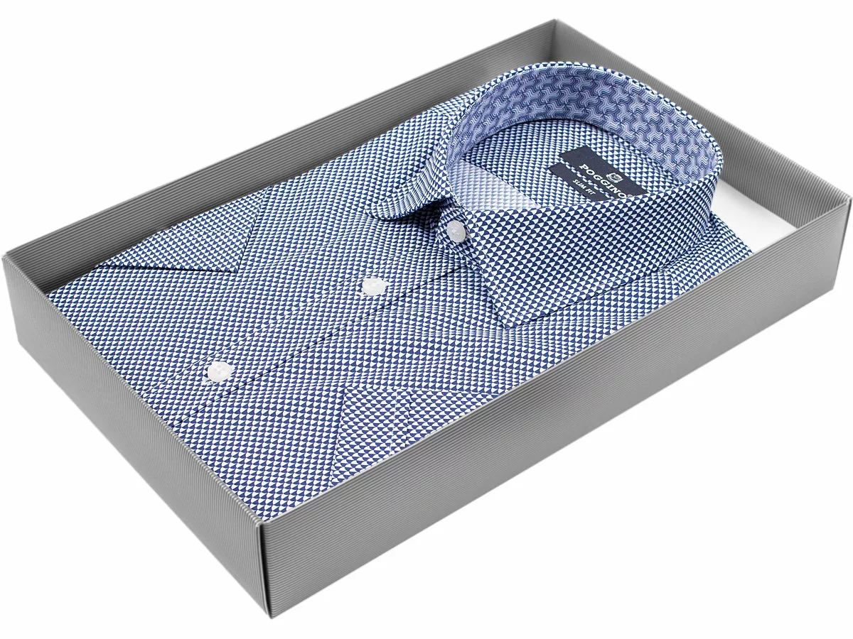 Синяя приталенная мужская рубашка Poggino 8228-03 в абстракции с коротким рукавом купить в Москве недорого