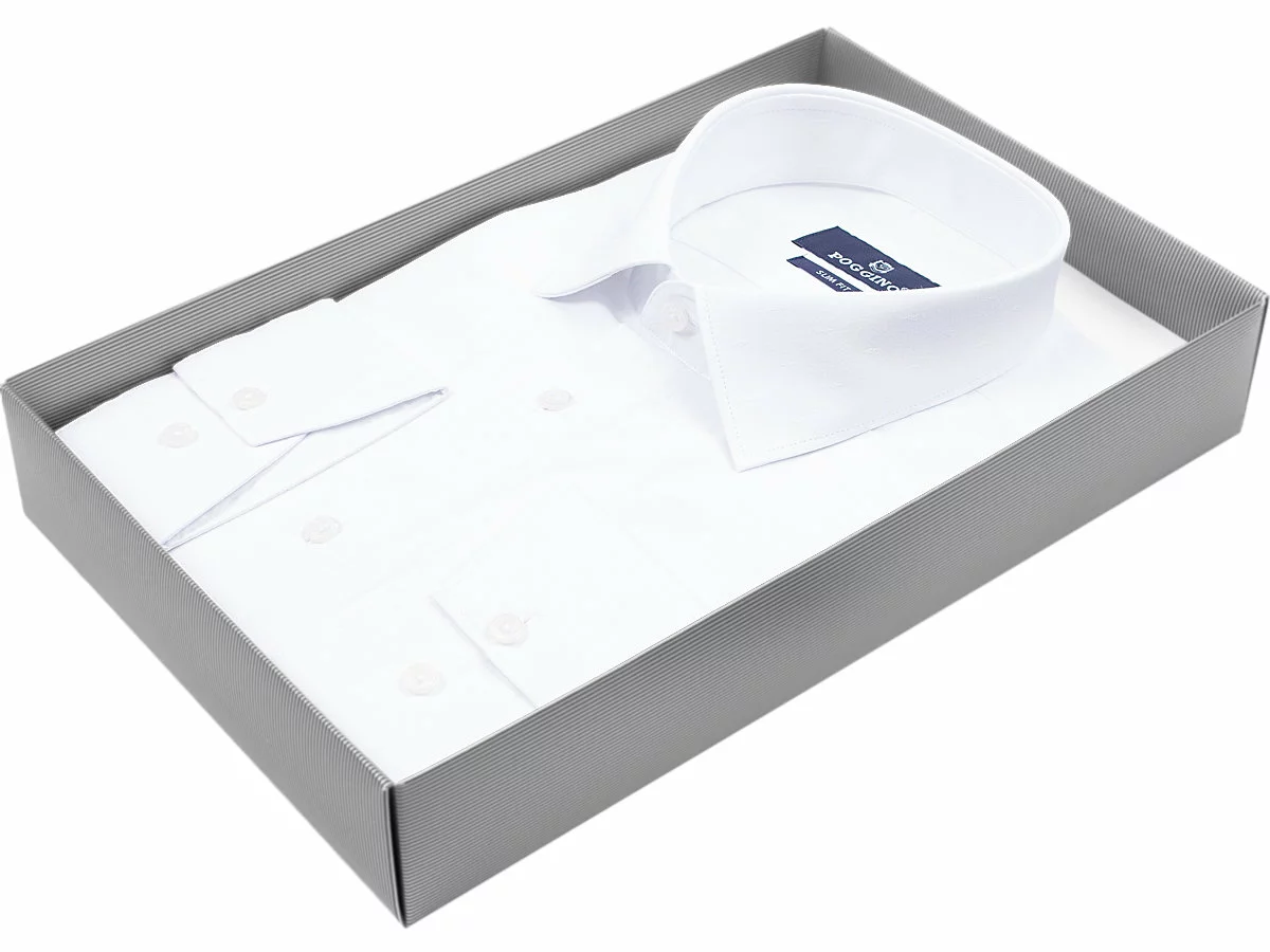 Стильная белая мужская рубашка Poggino 5009-09 рукав длинный силуэт приталенный стиль классический цвет белый однотонный 100% хлопок