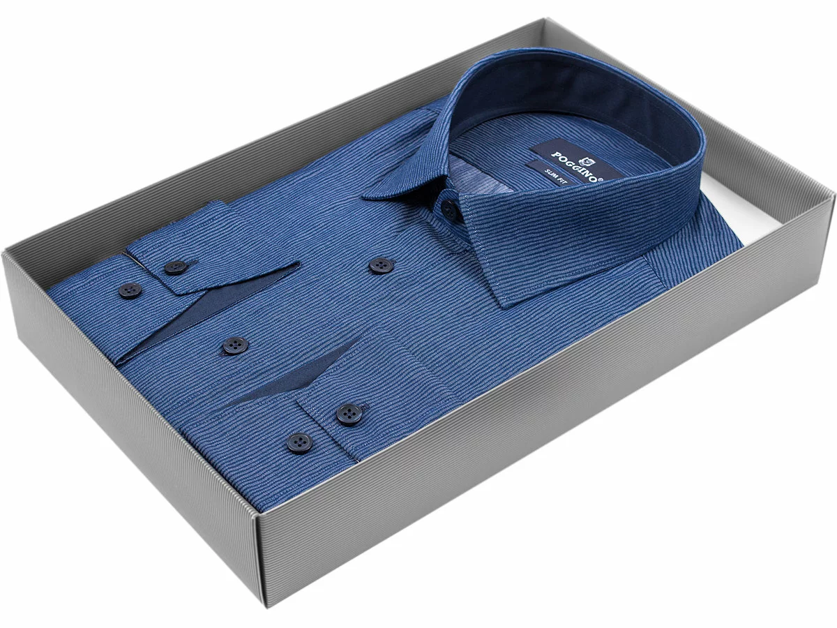Мужская рубашка силуэт приталенный цвет синий в полоску