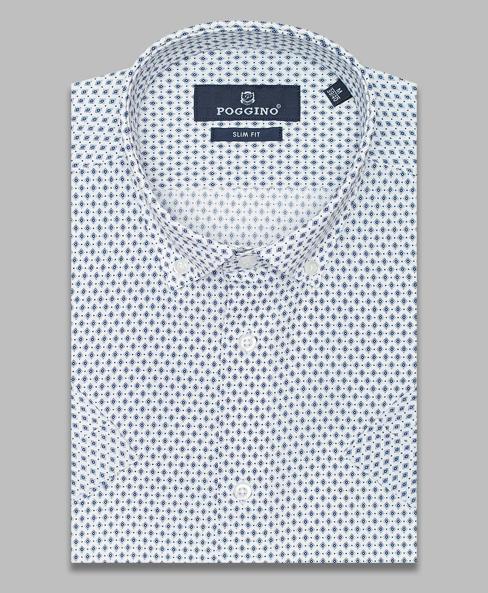 Синяя приталенная мужская рубашка Poggino 7001-59 в ромбах с коротким рукавом